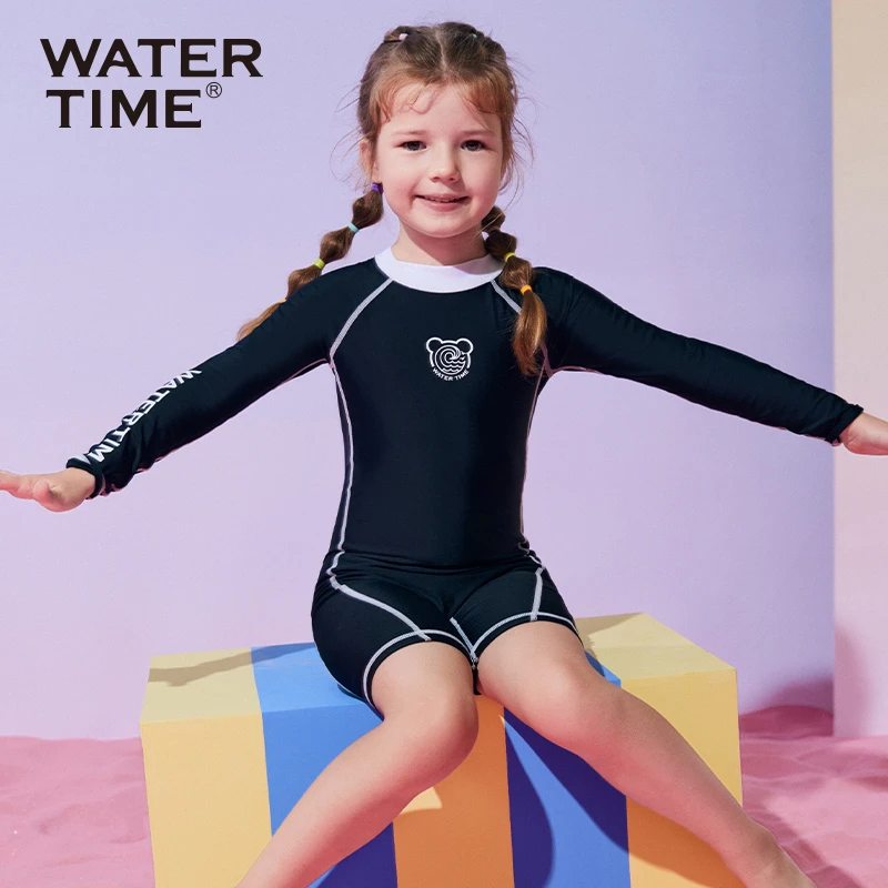 WaterTime儿童泳衣2023新款女孩专业训练长袖保暖连体防晒泳衣