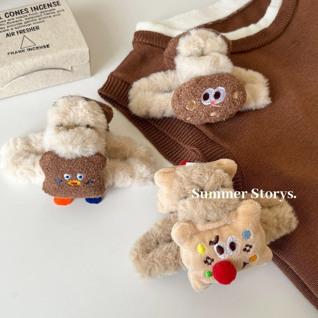 秋日曲奇韩国可爱奶油色羊羔毛饼干毛绒发夹少女心盘发抓夹鲨鱼夹