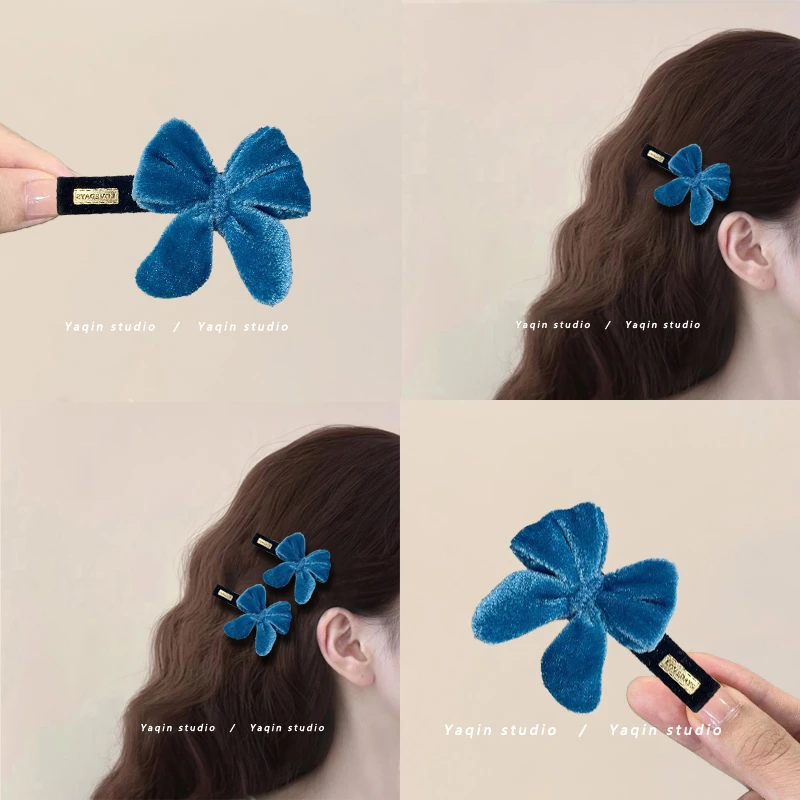 丝绒蓝色~秋冬新款丝绒蝴蝶结发夹！发卡顶夹鸭嘴夹侧边夹子头饰
