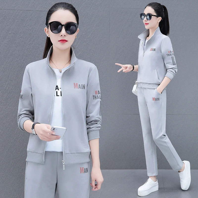 运动套装女2024减龄新款时尚修身印花卫衣国风跑步休闲服三件套女