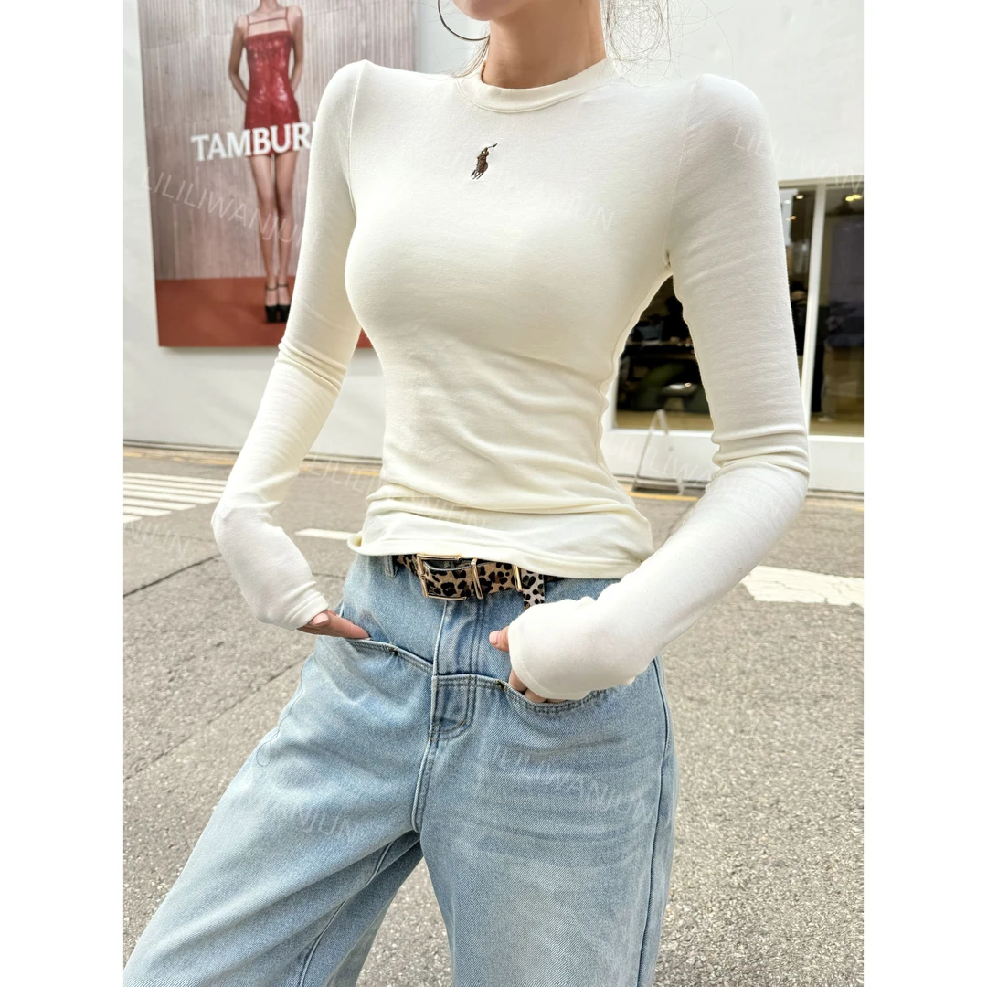 婉君【拉夫加绒白T】秋冬百搭修身圆领长袖T恤上衣LWJ24D4T2427