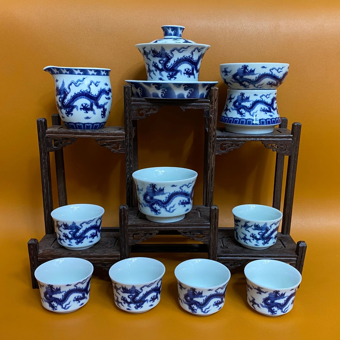 景德镇青花龙纹茶具手工仿元青花龙纹马蹄盖碗10件套高档茶具套组