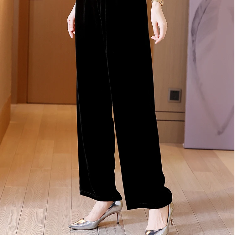 秋季新款黑色真丝丝绒裤子女宽松休闲垂感直筒裤阔腿长裤12358