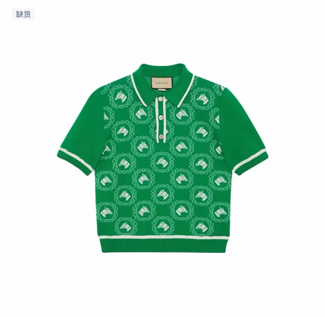 全新未使用 GUCCI/古驰  男款绿色马头刺绣羊毛和棉混织POLO衫