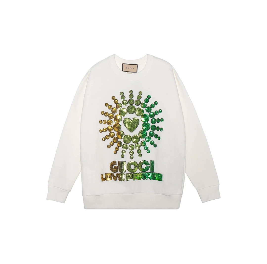 全新未使用 GUCCI/古驰 爱的进行曲系列白色渐变亮片重工圆领卫衣