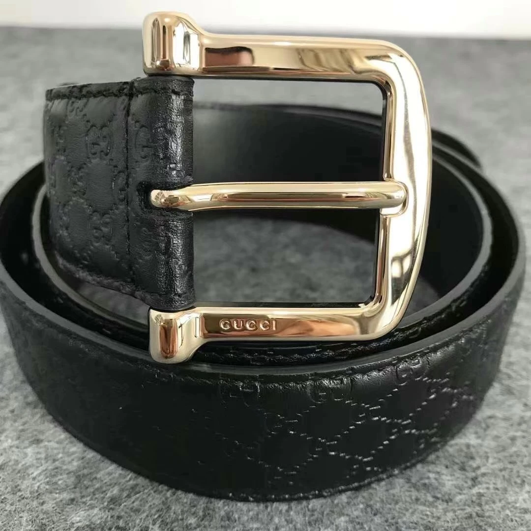全新未使用 GUCCI/古驰  黑色金头 男女同款   GG浮雕满印腰带
