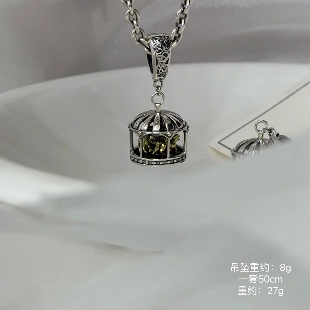 吊坠925银 复古做旧金银拼色旋转木马吊坠时尚百搭