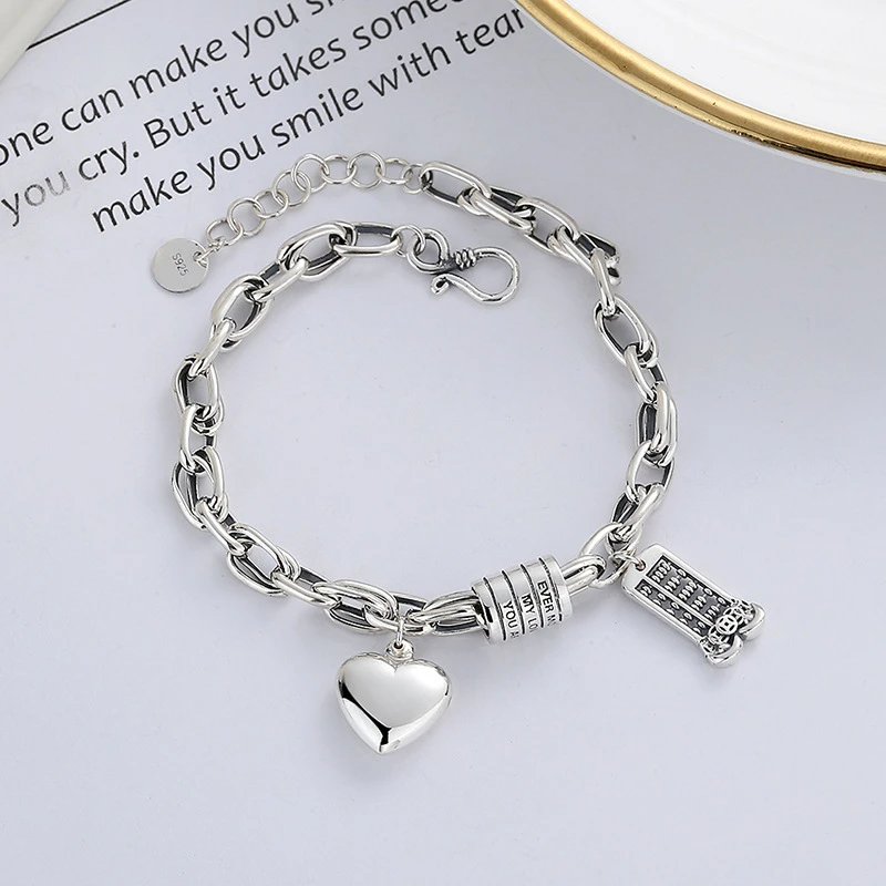 925银手链 通体S925纯银创意算盘立体爱心拼接筒珠元素潮酷手链