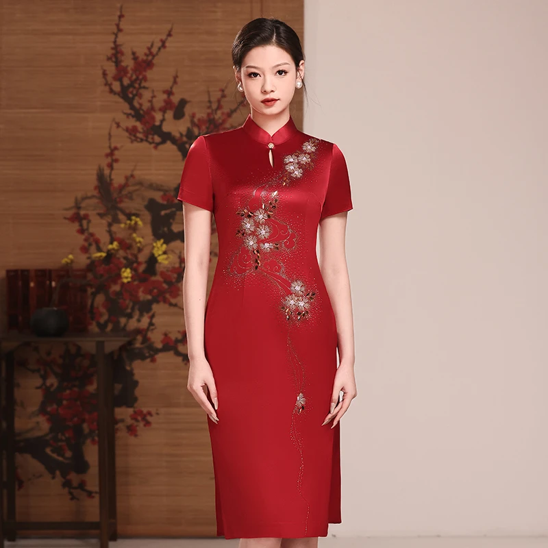 YS313高档喜婆婆旗袍2024夏季新款中年妈妈婚礼礼服日常红色醋酸