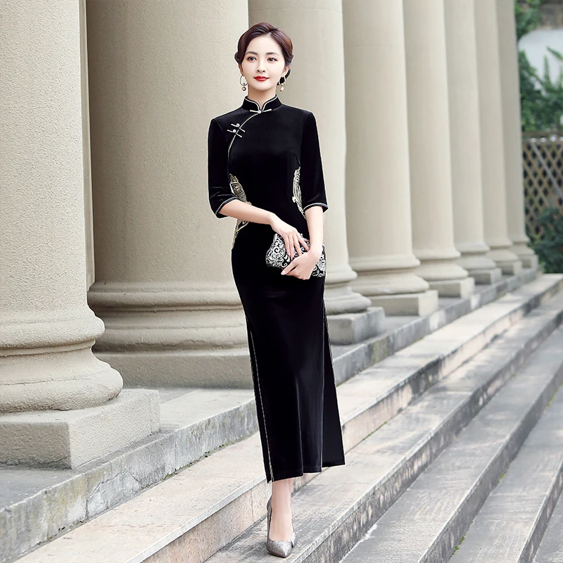 YS416中国风旗袍2025年春季新款新中式复古上海黑色气质年轻妈妈