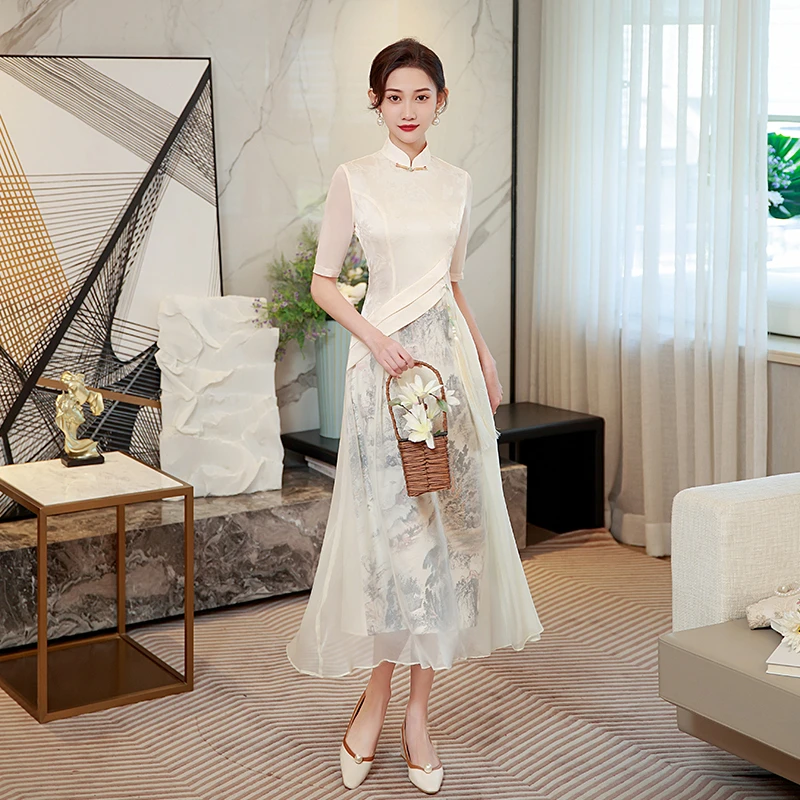YS300年轻中国风旗袍气质莹杉长改良女连衣裙白色日常2024年新款