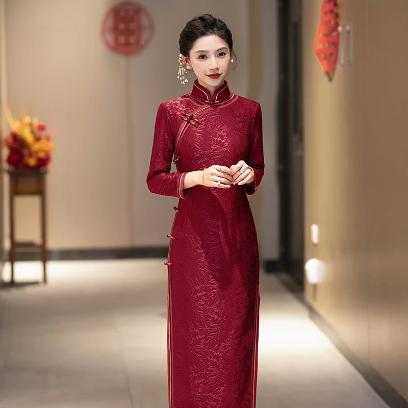 YS584中国风旗袍新款冬季女回娘家敬酒服婆婆妈妈婚宴服红色改良