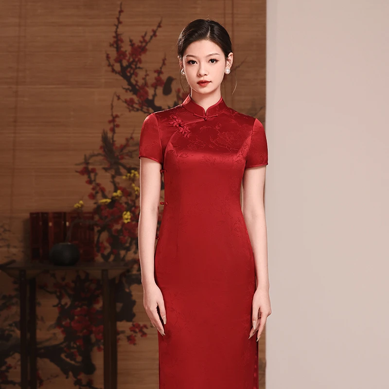 YS310高端喜婆婆婚宴装2024新款夏季红色醋酸改良年轻女旗袍气质