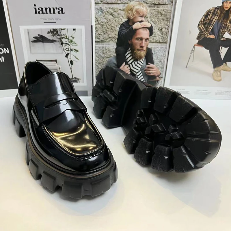 男士头层牛皮厚底休闲男皮鞋黑色百搭时尚男鞋英伦圆头粗跟乐福鞋