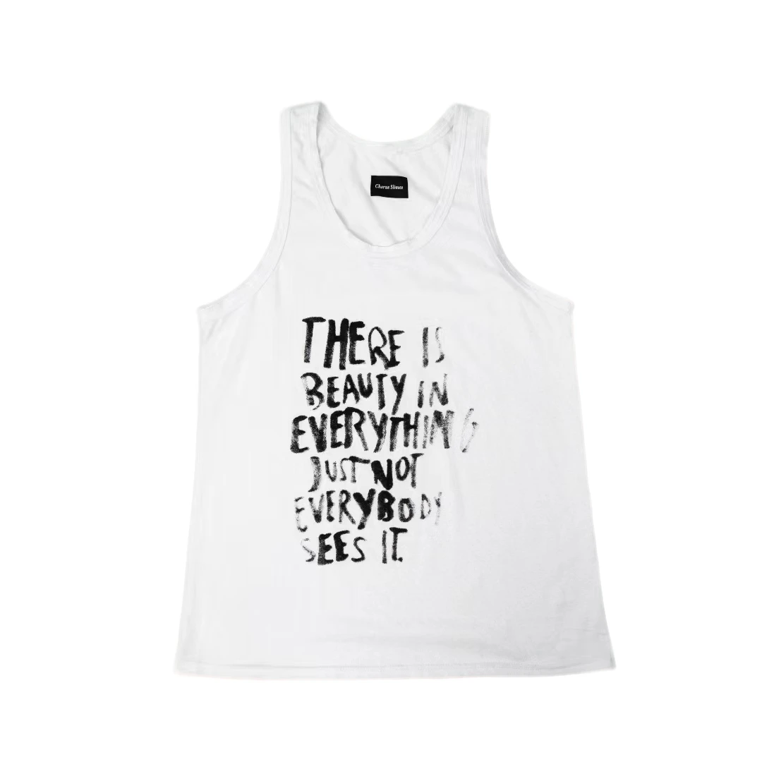 欧美风长款百搭纯棉个性运动宽松印花无袖透气美式白色潮流背心