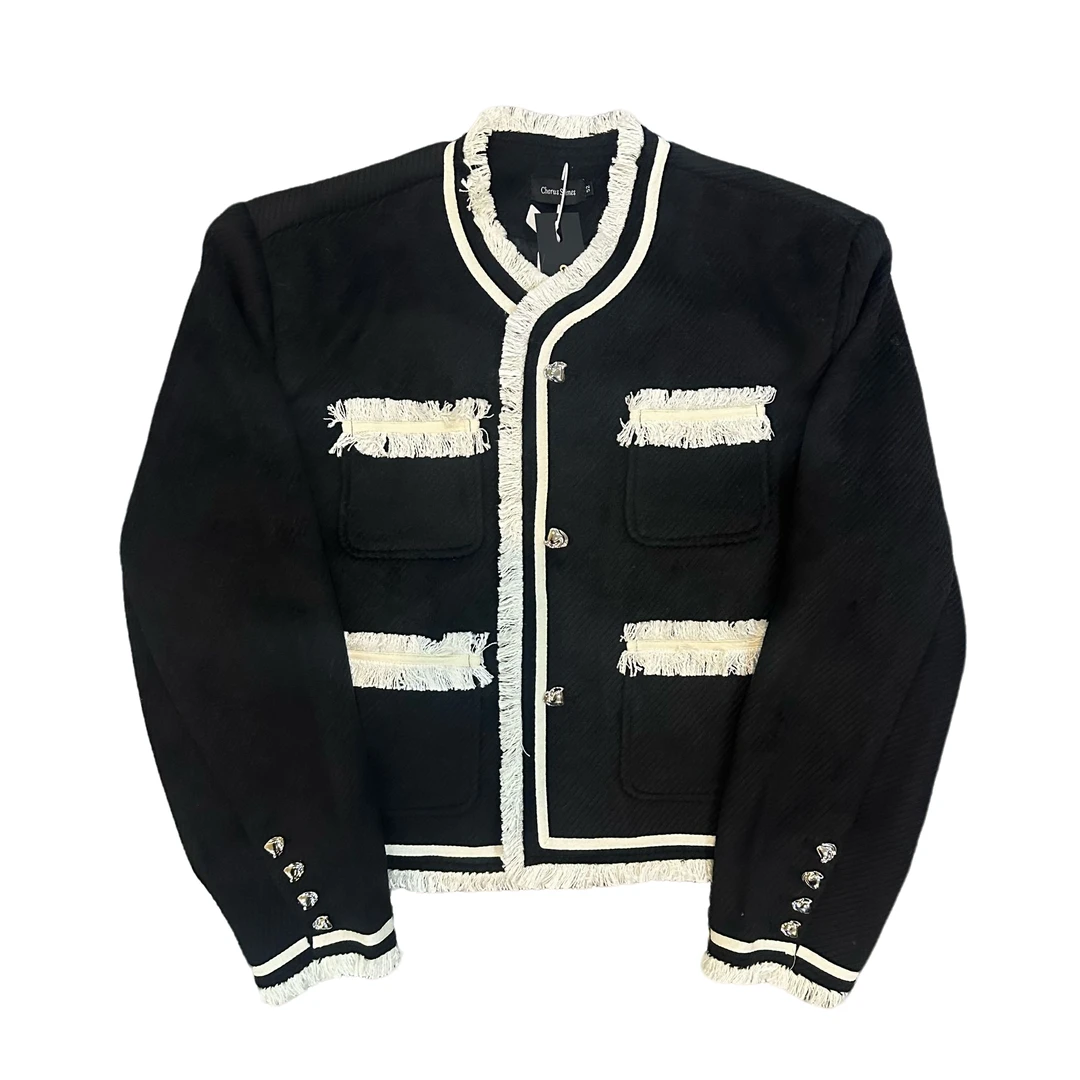 流苏轻奢小香风羊毛混纺夹棉宽松短款秋冬垫肩夹克粗花呢情侣外套