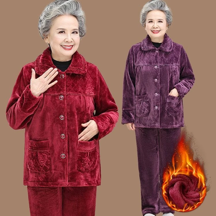 奶奶法兰绒睡衣秋冬妈妈珊瑚绒老太太衣服加厚老年人冬装女家居服