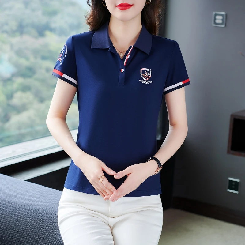 夏季翻领POLO衫短袖T恤女士修身显瘦棉运动半袖上衣妈妈装薄