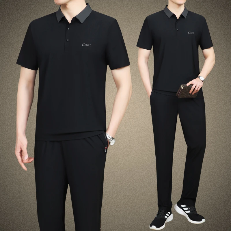 爸爸装中老年男装2025新款夏季薄款易干冰丝短袖运动服套装5060岁