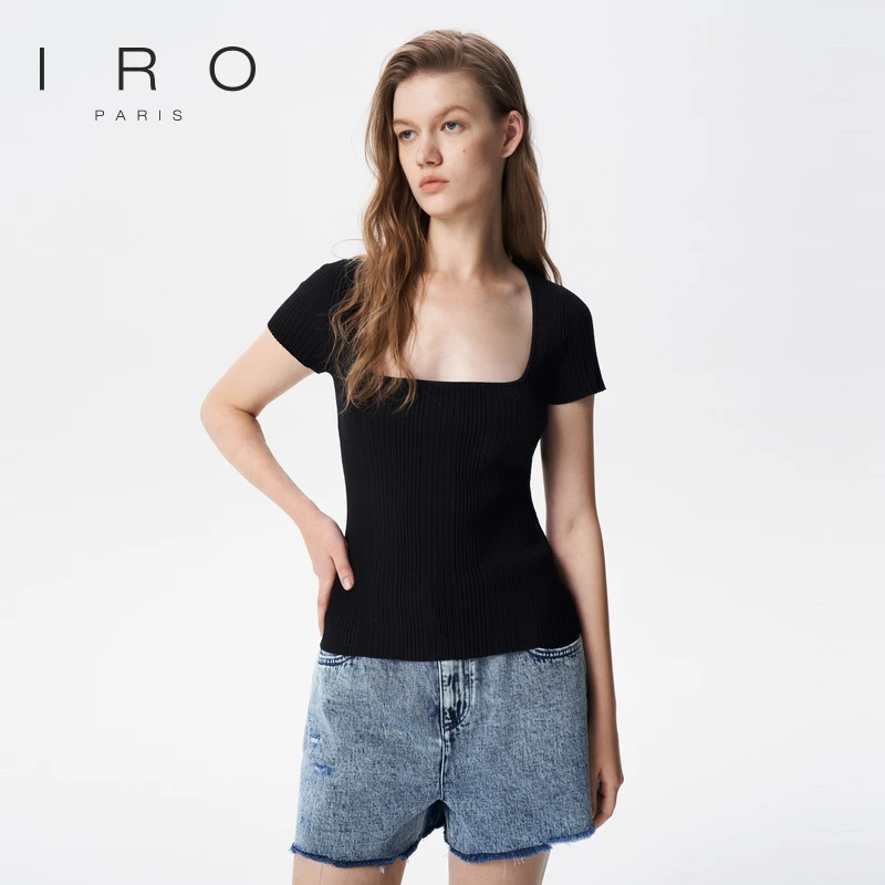 IRO Night 夏季款修身方领内搭短袖针织T恤女