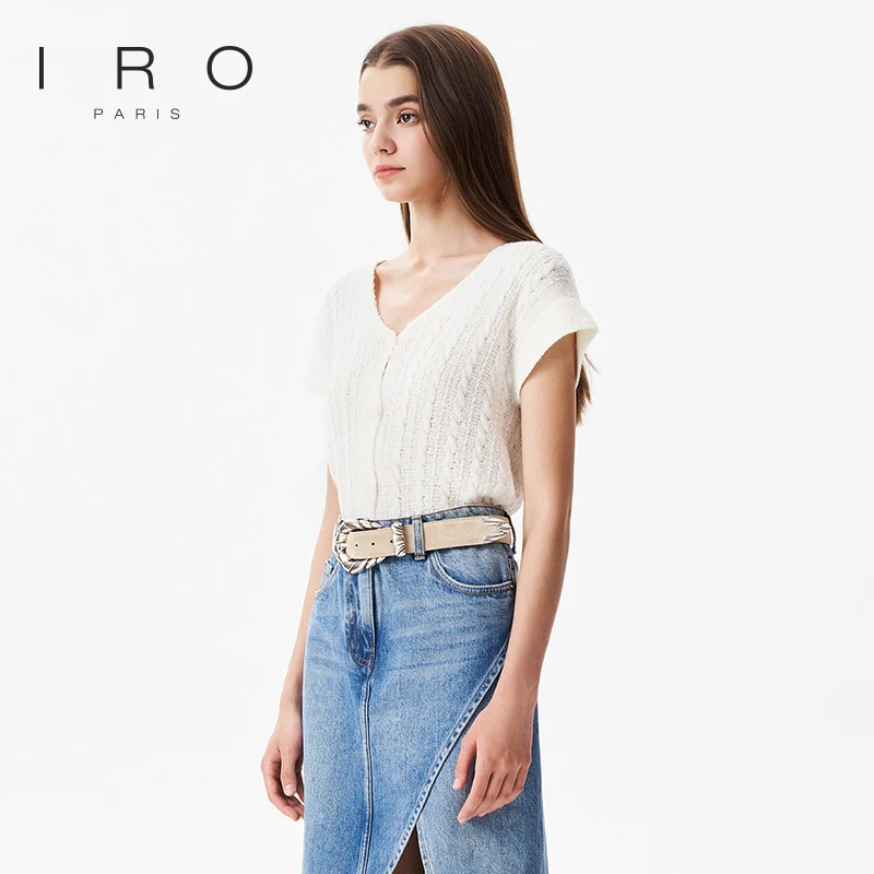 IRO Night 夏季款法式轻奢直筒轻薄编织花纹V领针织开衫女