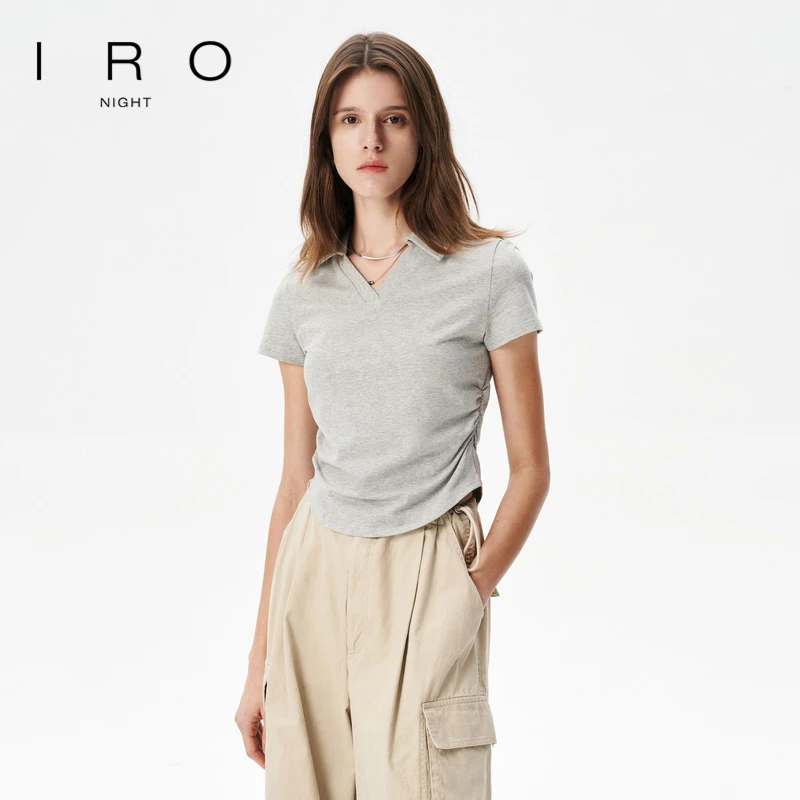 【流光风】IRONight 修身有领短袖T恤小V领抽绳下摆休闲法式轻奢女