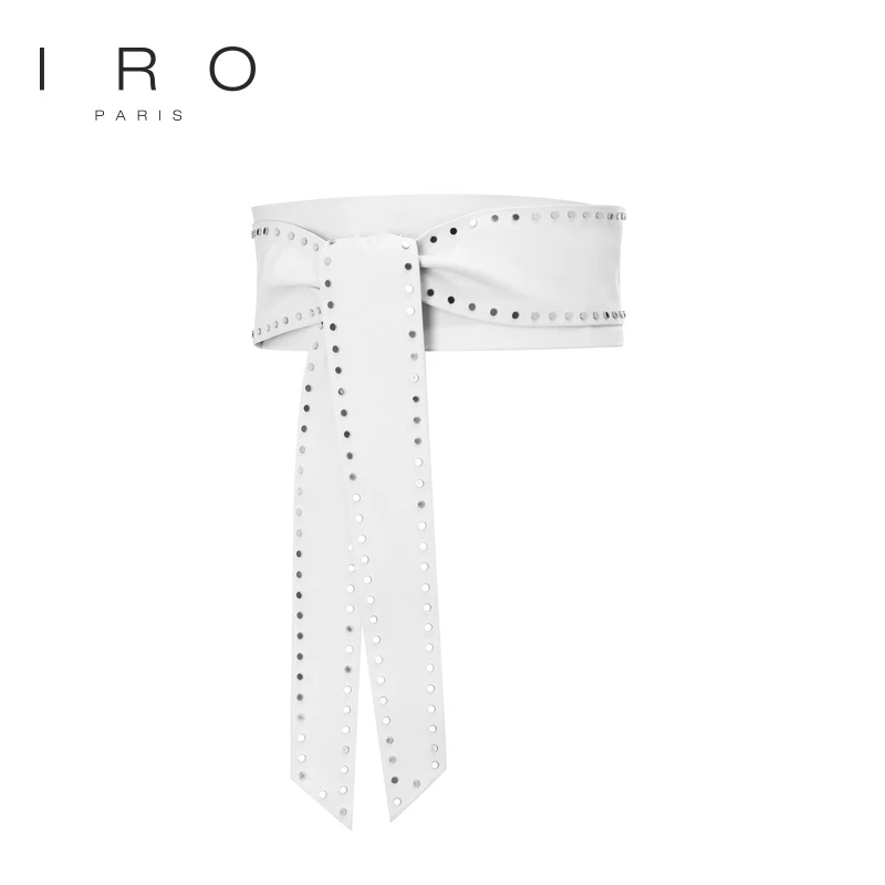 IRO Night 款法式轻奢纯色不规则系带羊皮革铆钉腰带皮带