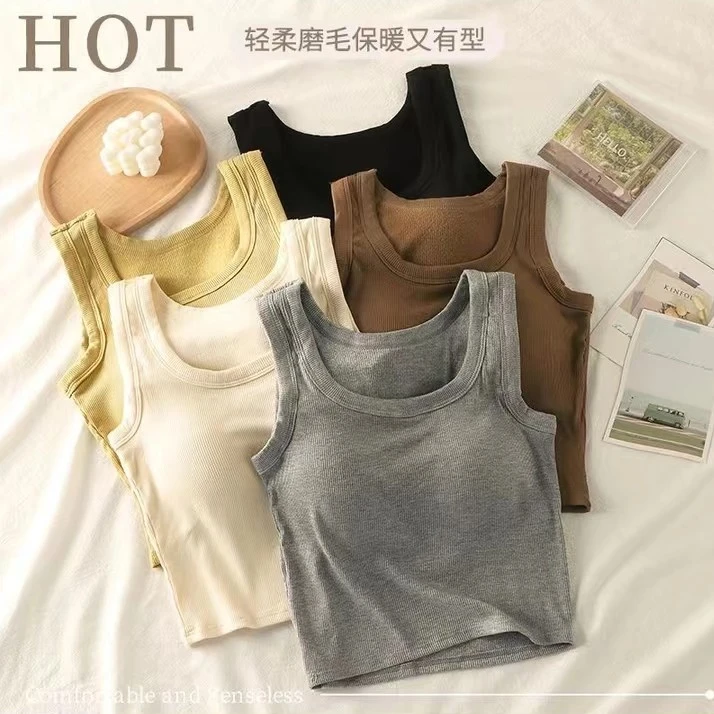 带胸垫背心女内搭加厚磨毛免穿文胸小上衣冬季新款保暖无袖打底衫