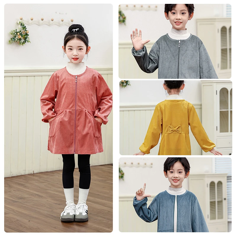 单层薄款儿童灯芯绒面料防脏罩衣男童棉服护衣女童长袖拉链款围衣