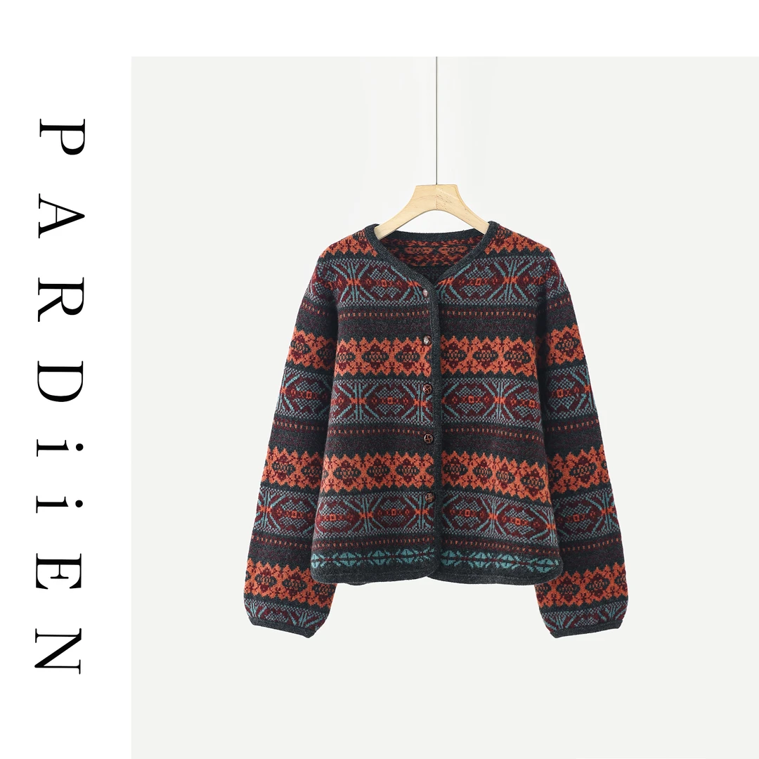 【北总严选】帕迪恩复古民族风撞色提花圆领针织开衫P99729