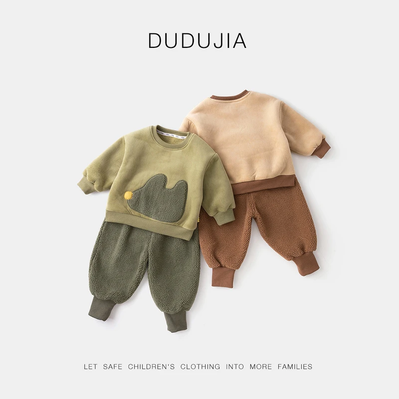 嘟嘟家童装宝宝套装秋冬男童卡通加绒两件套冬季女童加厚卫衣裤子