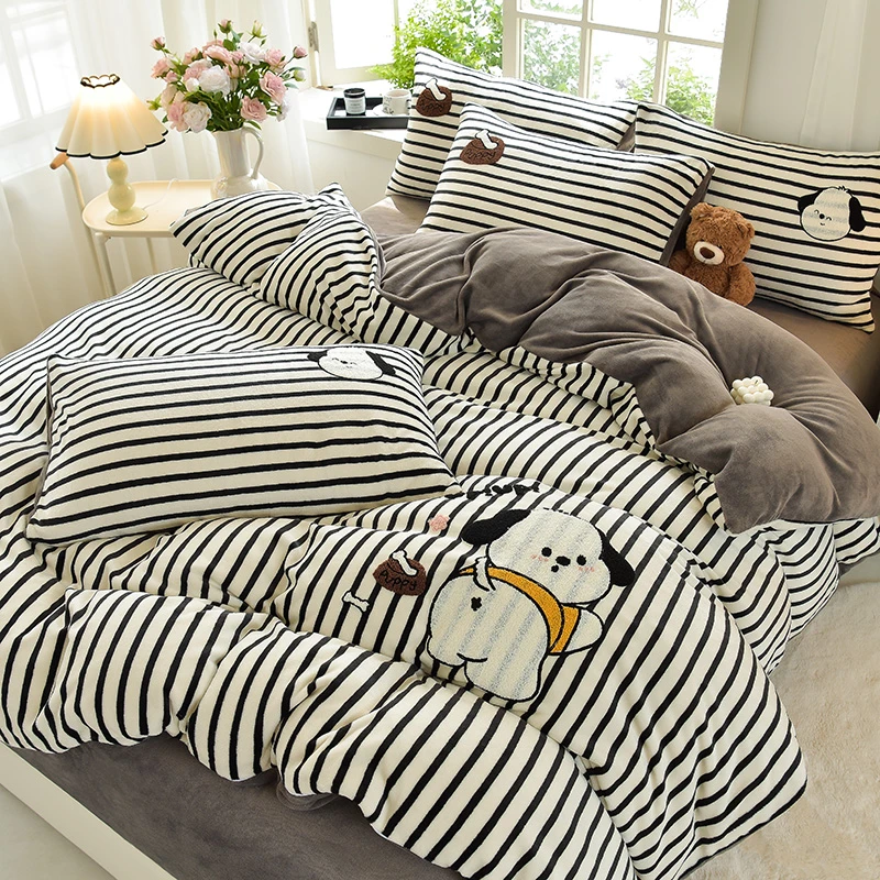 诺漾家纺-冬季条纹卡通双面加厚保暖牛奶绒四件套学生宿舍三件套
