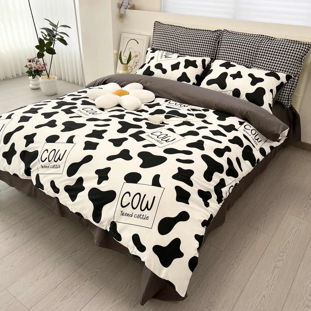 诺漾家纺-全棉黑白被套床单四件套学生宿舍三件套床上用品 牛牛HL