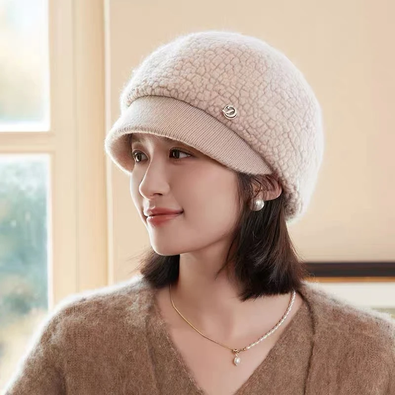 帽子女冬天加绒加厚保暖针织帽时尚洋气毛绒新款鸭舌贝雷帽中青年
