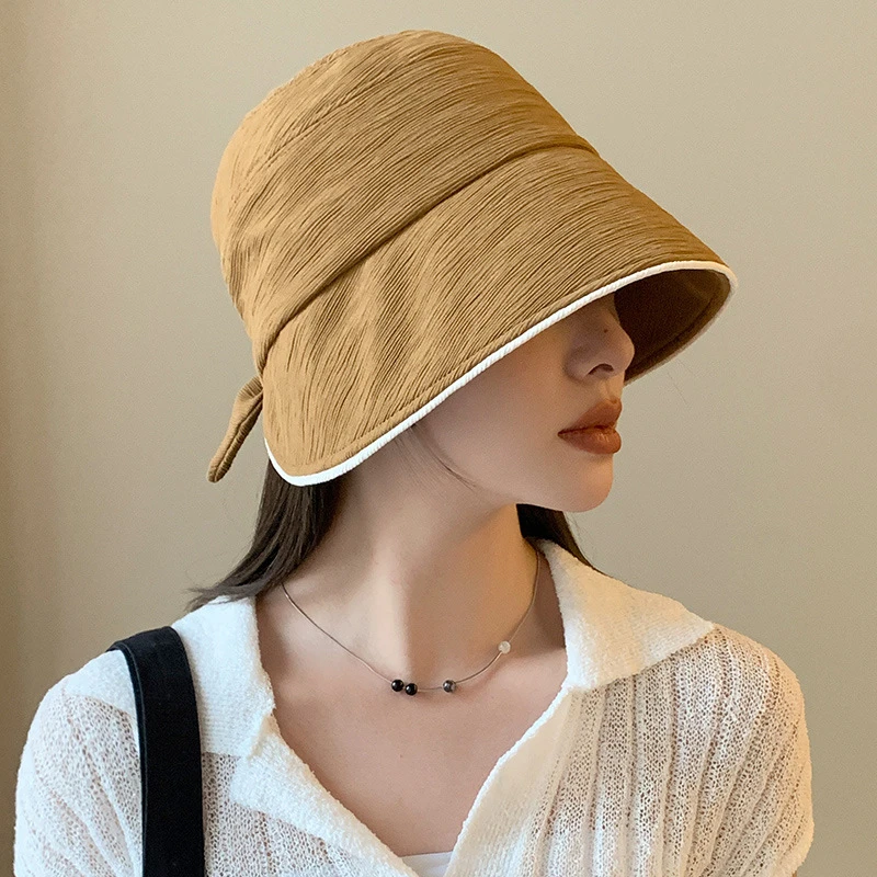 日系开叉蝴蝶结渔夫帽女春夏百搭显脸小扎马尾盆帽时尚可调节帽子