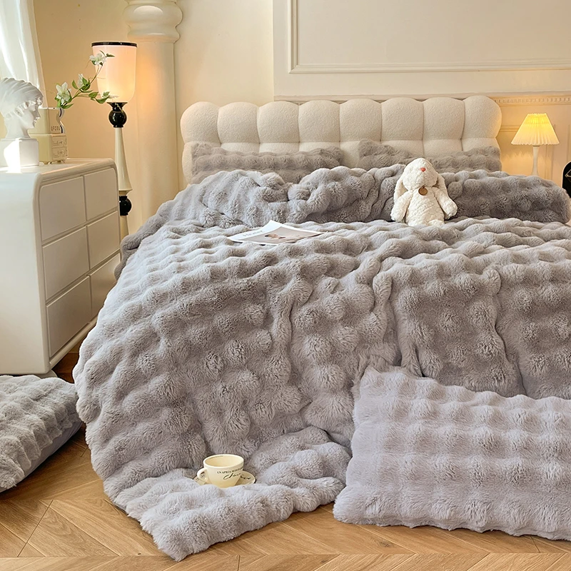 冬季8斤保暖兔毛绒剪花牛奶绒四件套加厚纯色加绒床单被套双面绒