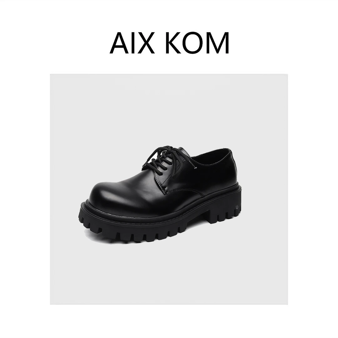 AIX KOM|新款英伦风德比皮鞋厚底休闲百搭高级感圆头男士黑西装鞋