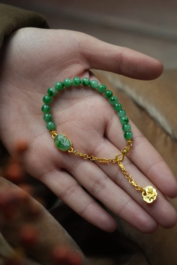 【金玉满堂】阳绿翡翠手链古法足金镶嵌福在眼前