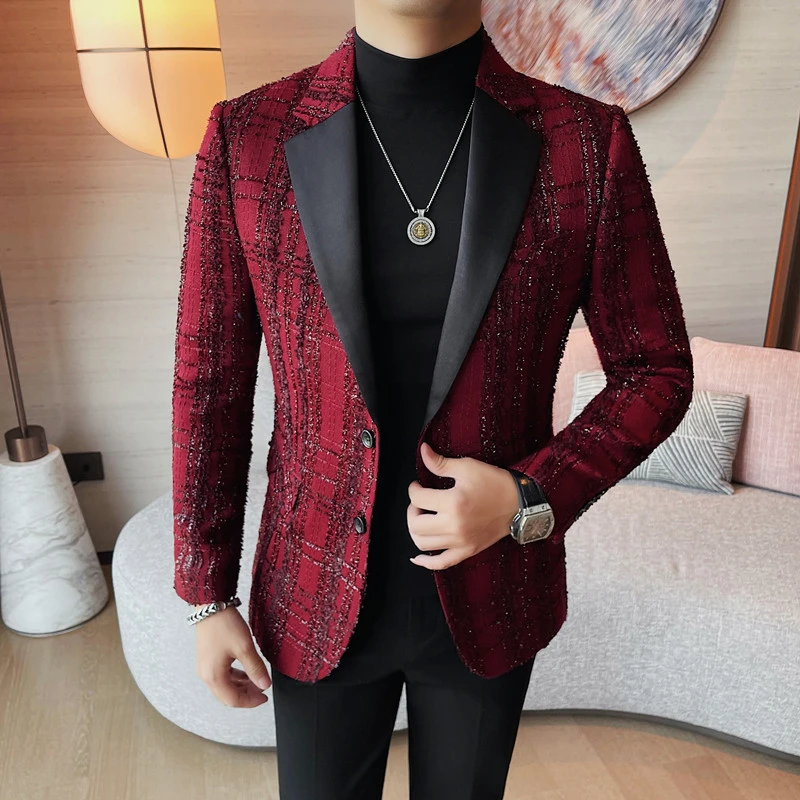 格子小西装外套男痞帅 高级感男装新款韩版休闲小西服时尚潮流