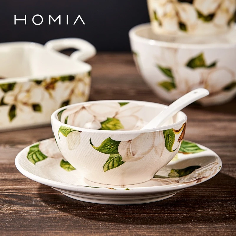 【刘姥姥好物】HOMIA玉兰花北欧陶瓷餐具套装釉下彩汤面碗盘子碗碟