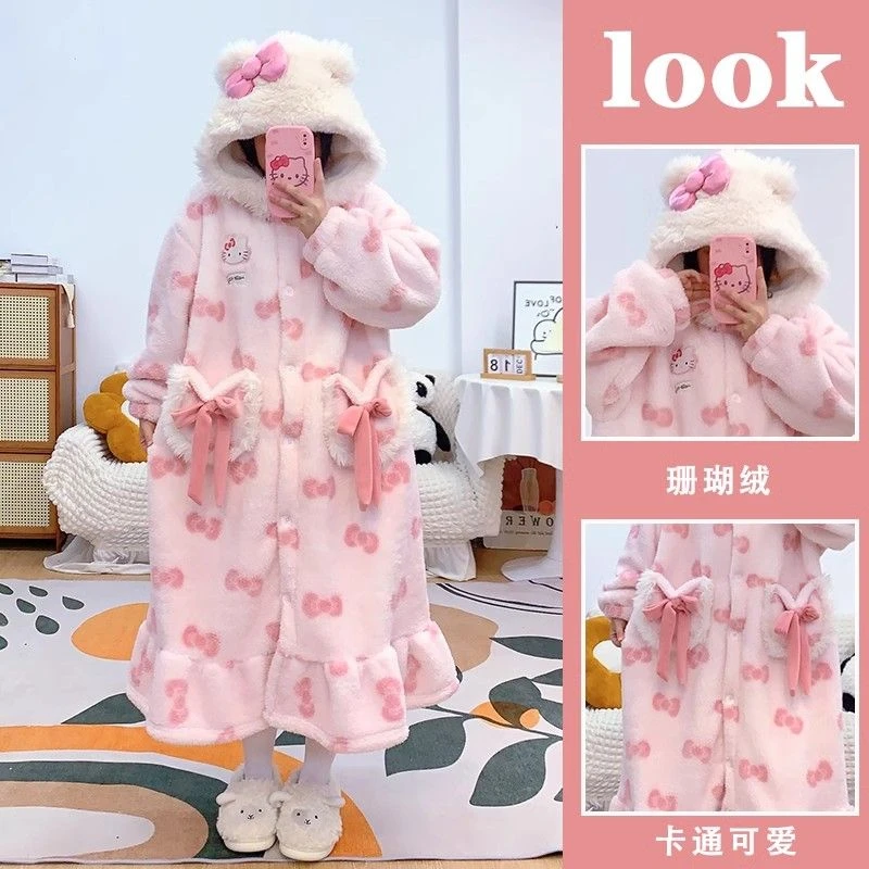 睡衣女冬季可爱HelloKitty蝴蝶猫连帽珊瑚绒睡袍加绒加厚居家套装