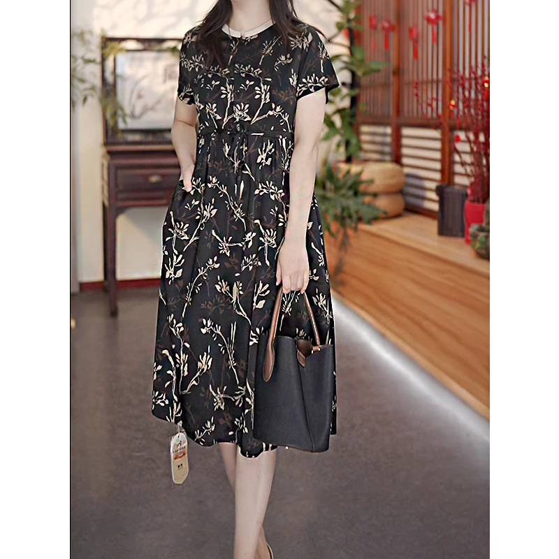 【琼枝玉树】25新款桑蚕丝连衣裙高档大气时尚气质优雅宽松裙12413