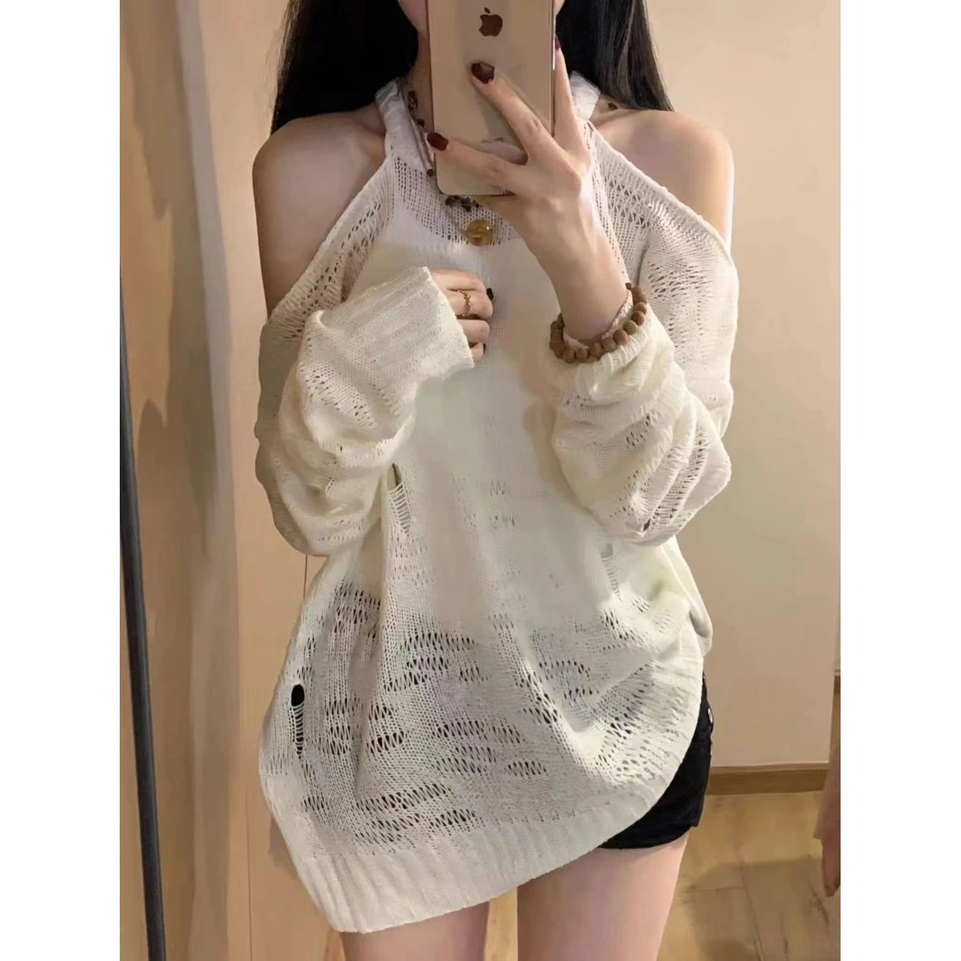 女2025春季新款纯欲辣妹破洞挂脖宽松镂空百搭显瘦遮肉针织上衣潮