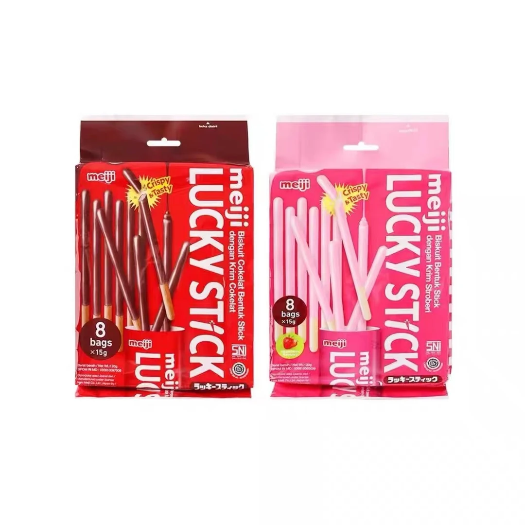 双12明治meiji乐喜巧克力草莓饼干条独立包装棒棒饼干涂层零食