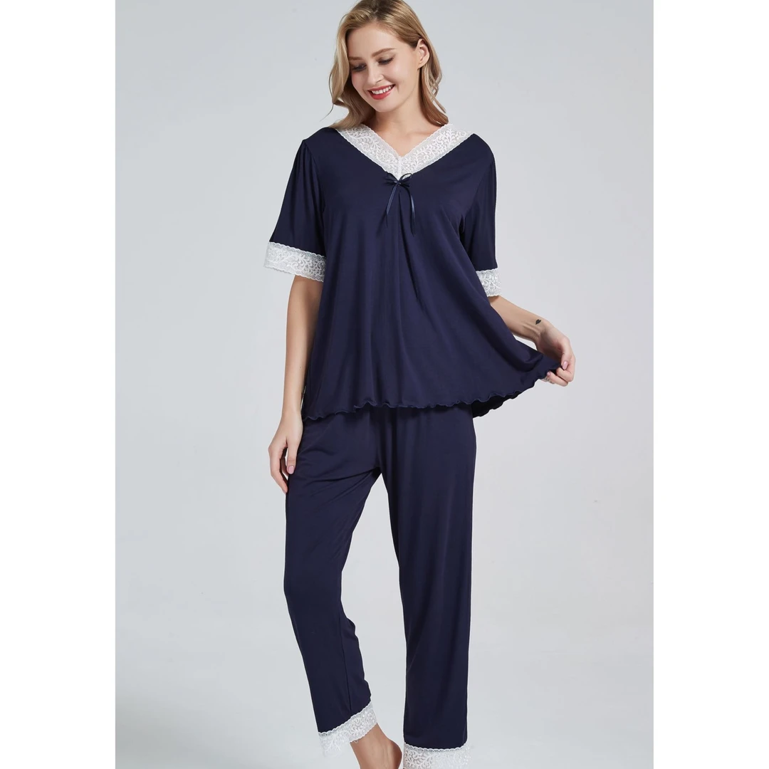 alnawa/爱乐纳瓦女士大码v领睡衣套装简约休闲纯色舒适宽松薄款