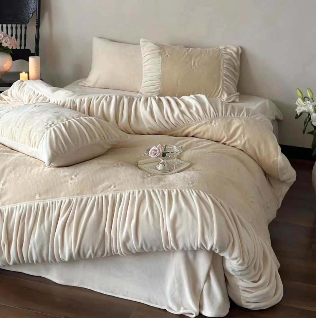 法式轻奢秘密花园绣花公主风秋冬牛奶绒四件套