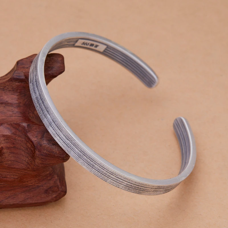 足银手镯 手工复古拉丝镯子男女款简约古风素款百搭可调节时尚