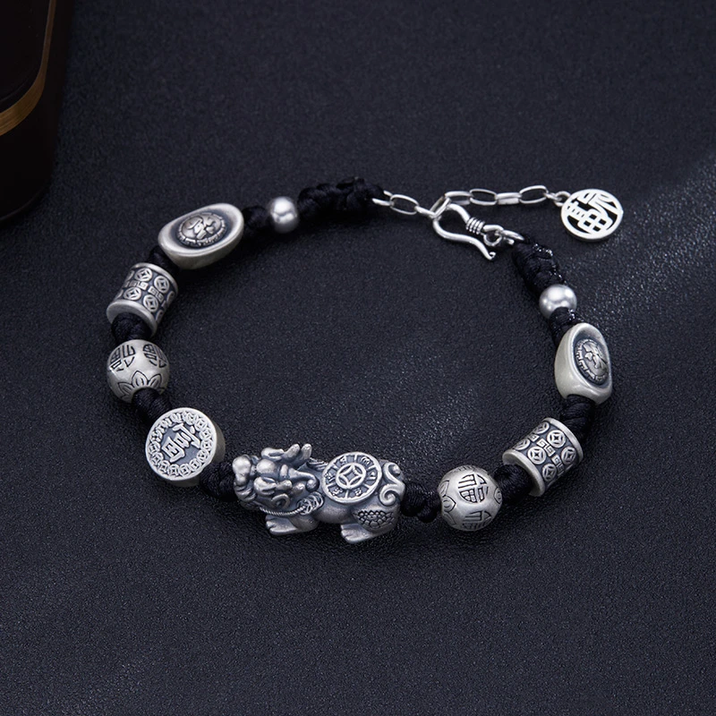 足银手链 男士编织个性貔貅元宝手链转运珠手绳调节国潮百搭饰品