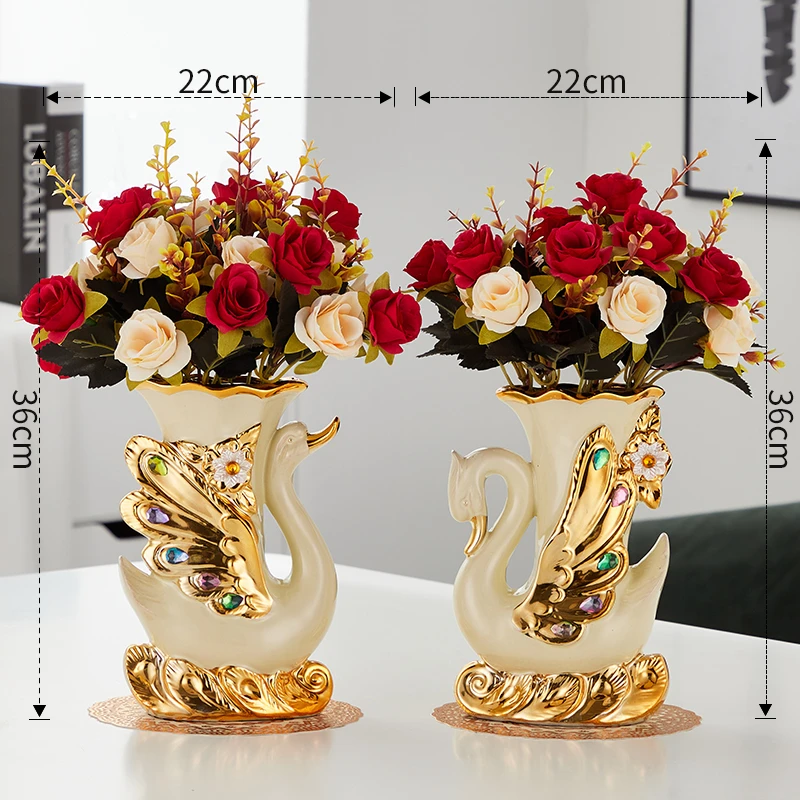 欧式陶瓷花瓶天鹅摆件客厅插花电视柜酒柜仿真花家居工艺装饰品