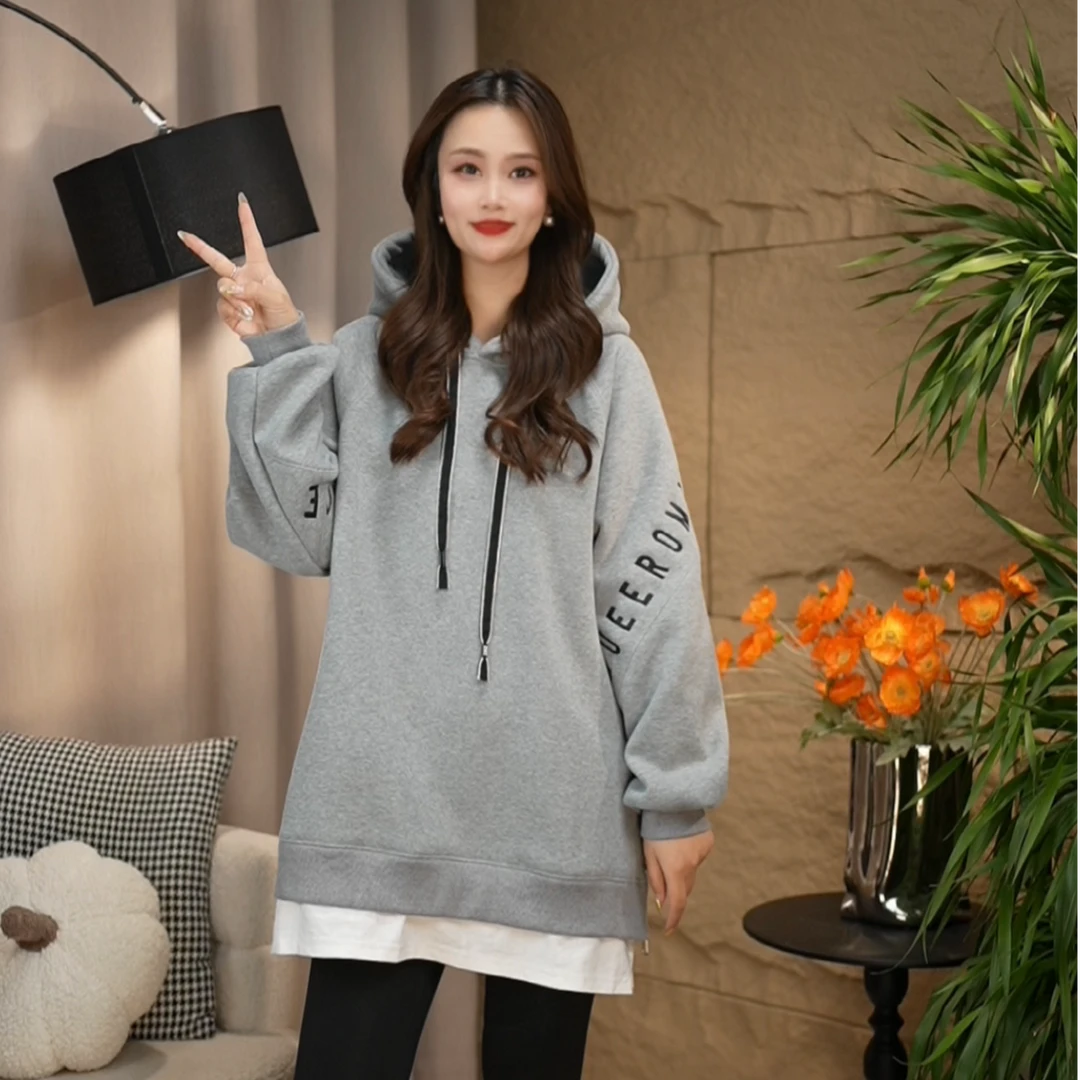 2024秋冬时尚休闲新款刺绣字母假两件加绒加厚卫衣女 中长款上衣